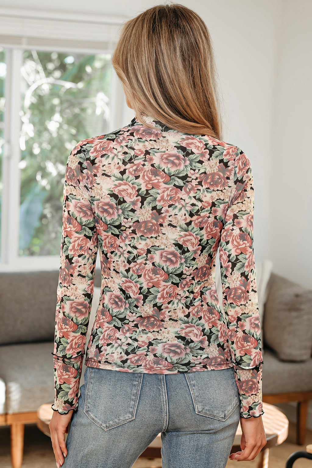 Retro Floral Print Mock Neck Mesh Long Sleeve Top