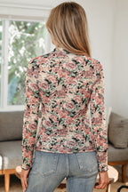 Retro Floral Print Mock Neck Mesh Long Sleeve Top