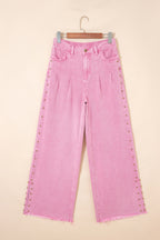 Pink Beaded Side Detail Split Loose Jeans