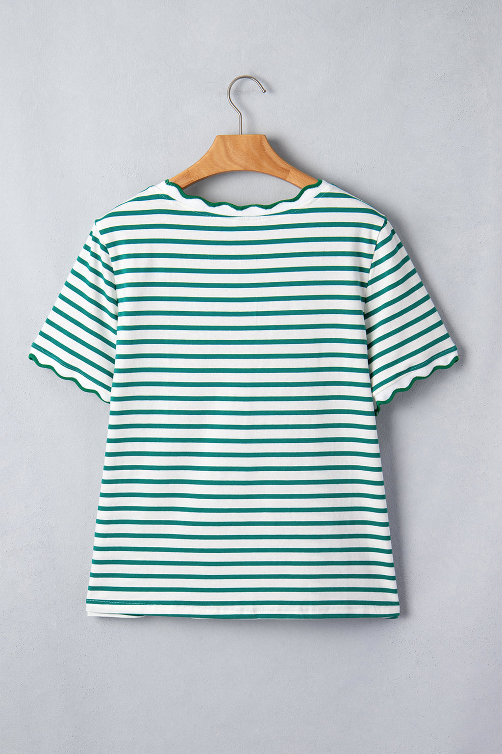 Striped Scalloped Trim Round Neck T Shirt