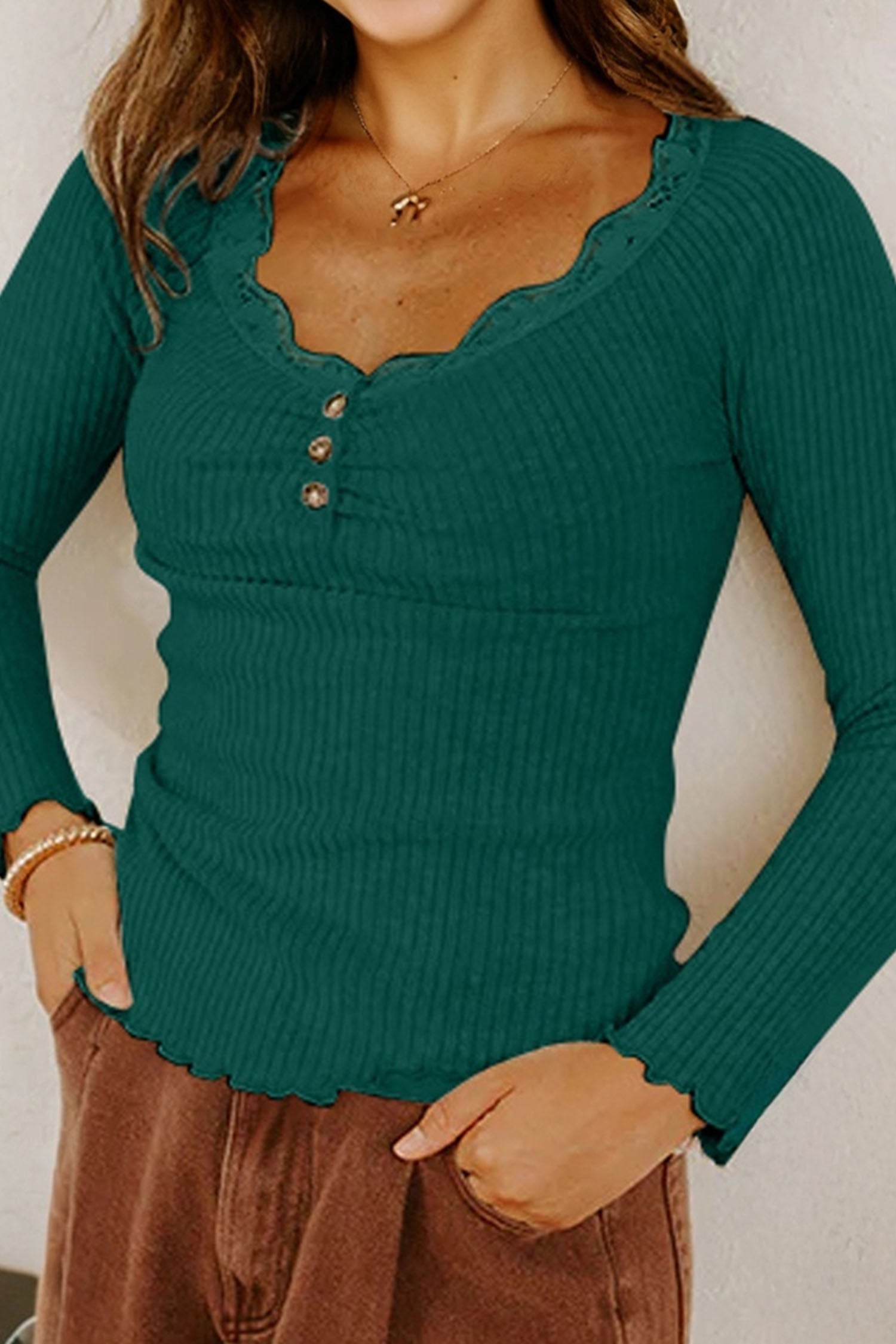 Lace Neckline Button Decor Lettuce Edge Long Sleeve Ribbed Top