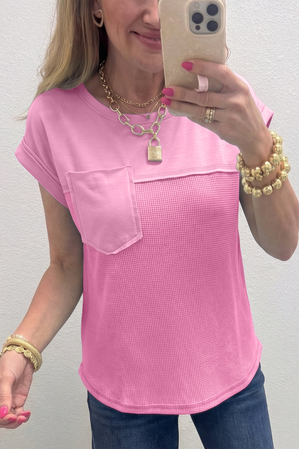 Solid Coluor Raw Seam Waffled Patchwork Casual T Shirt