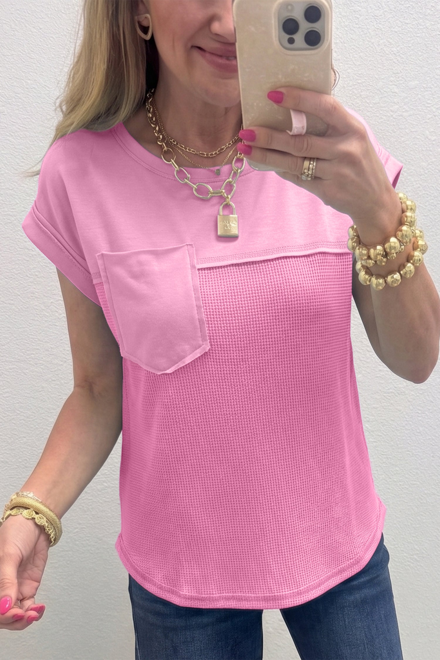 Solid Coluor Raw Seam Waffled Patchwork Casual T Shirt