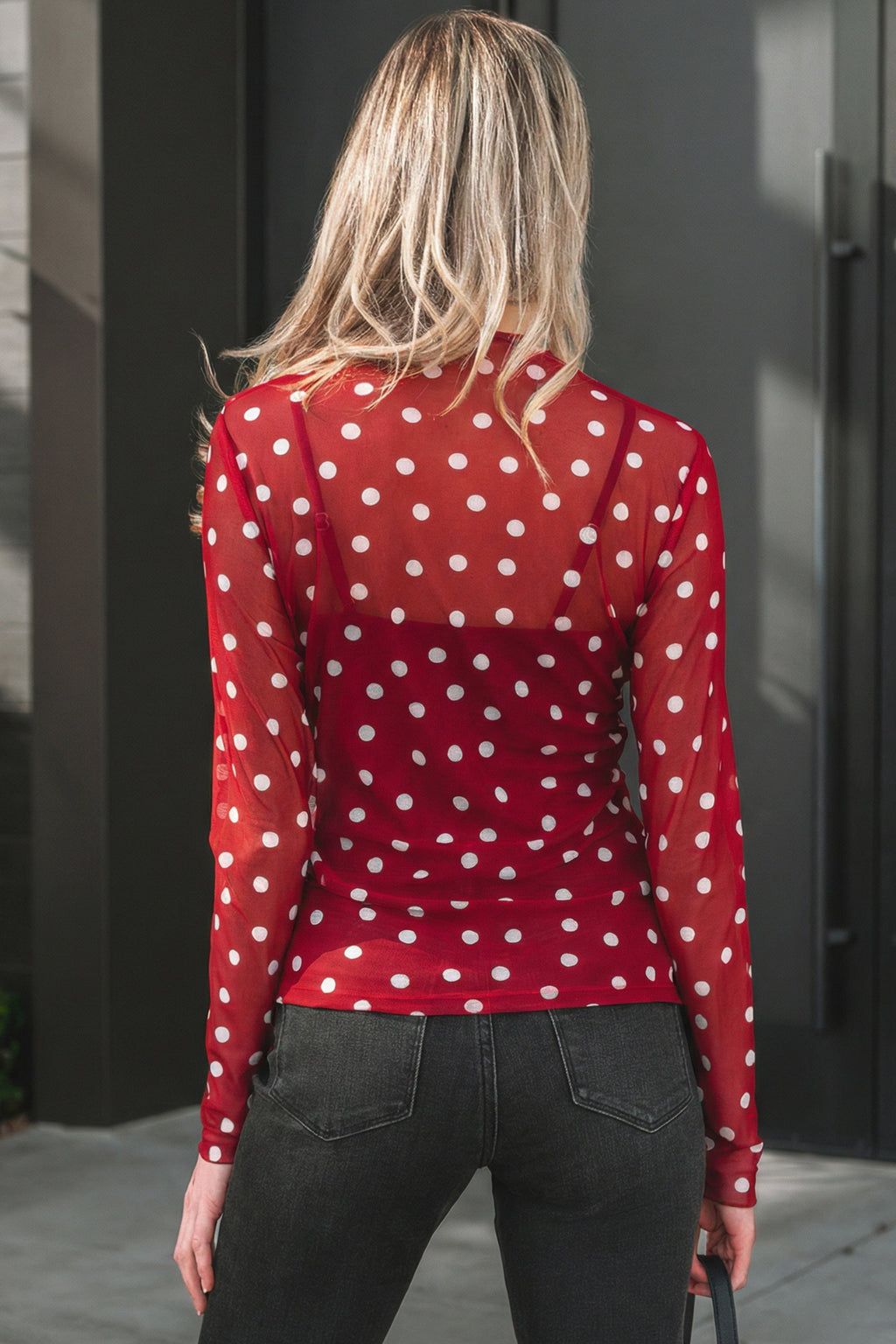Polka Dot Patterned Bodycon Mock Neck Mesh Long Sleeve Top
