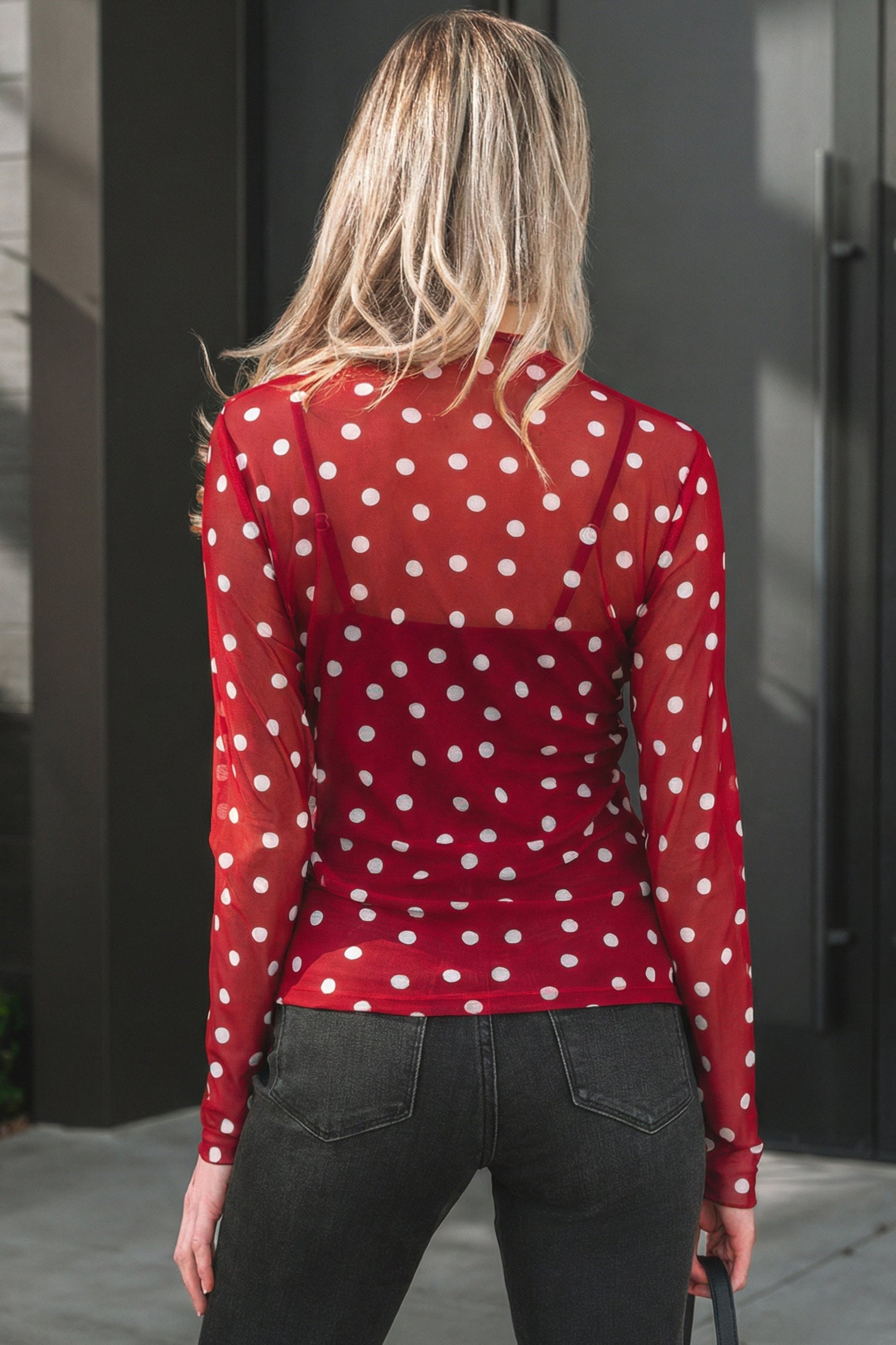 Polka Dot Patterned Bodycon Mock Neck Mesh Long Sleeve Top