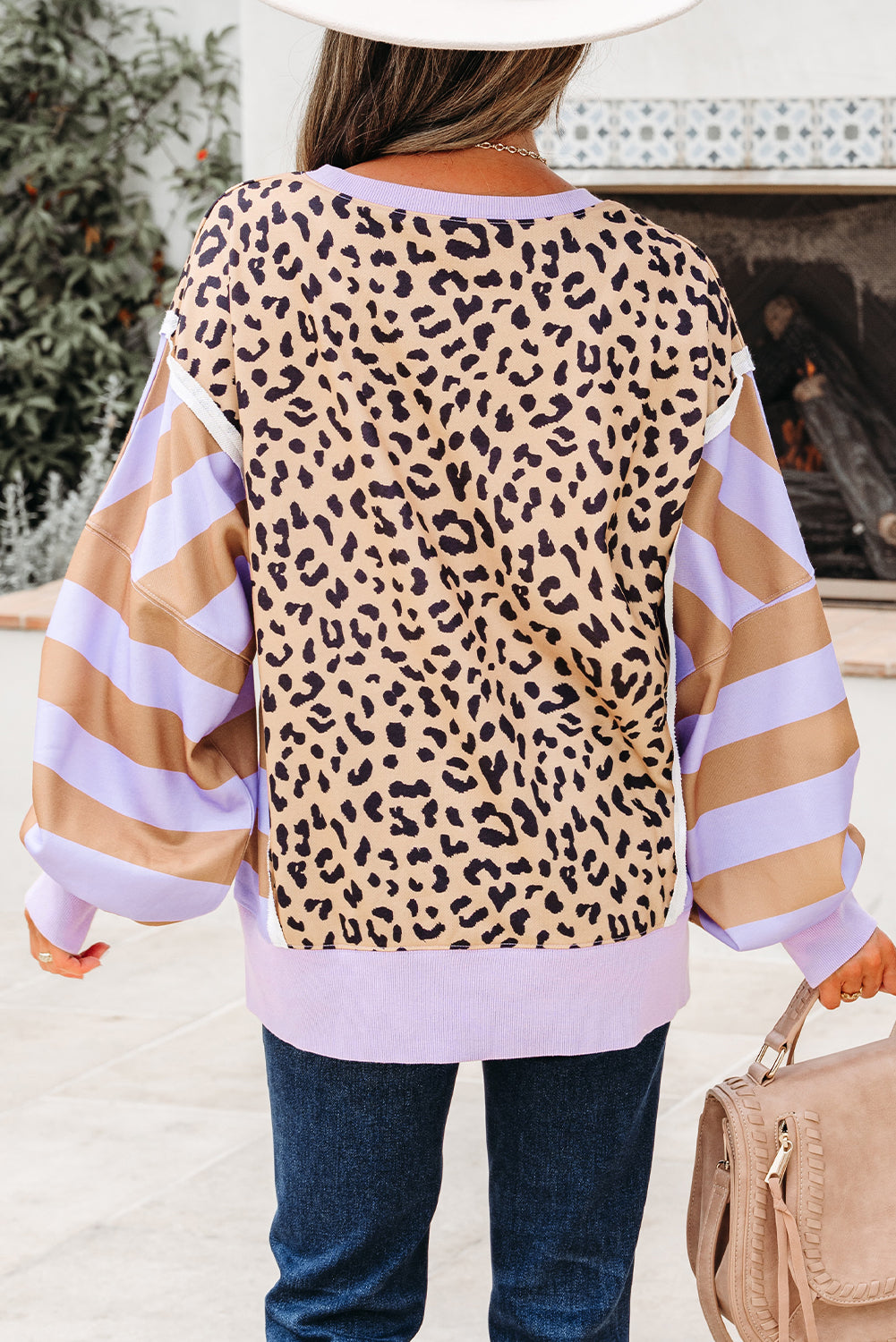 Striped Color Block Patchwork Leopard Casual Sweatshirt with Slits