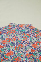 Blue Slim Fit Floral Mesh Long Sleeve Mock Neck Top