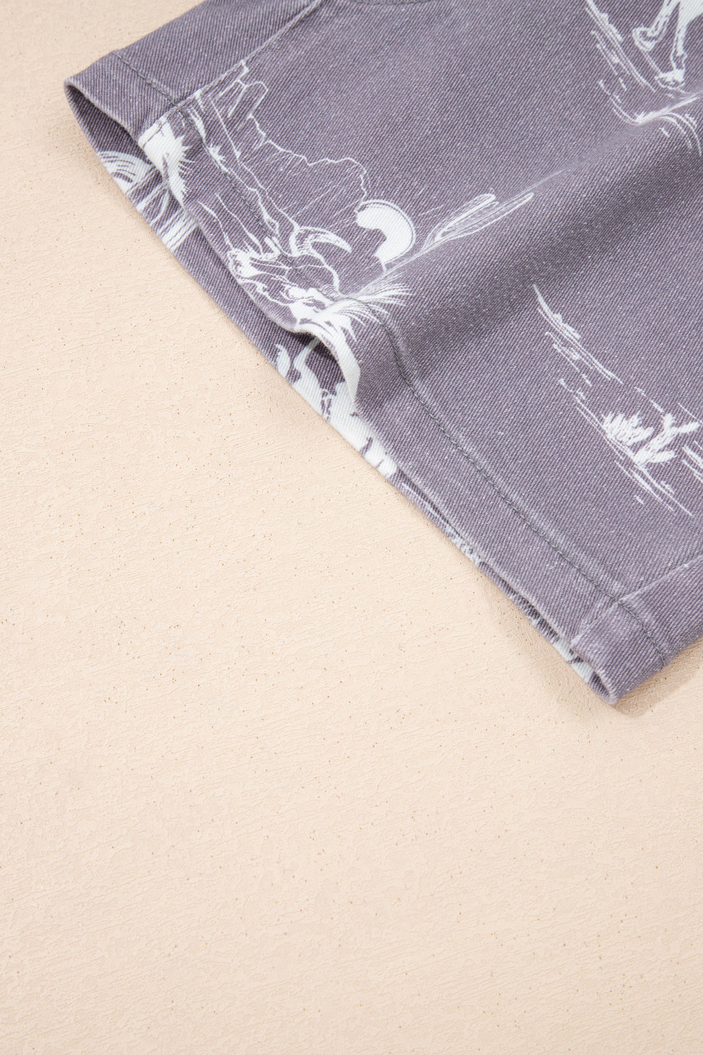 Grey Western Print Elastic Waist Cotton Denim Shorts