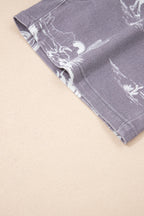 Grey Western Print Elastic Waist Cotton Denim Shorts