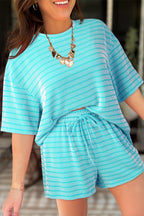 Striped Raised Rib Loose Tee Drawstring Elastic Waist 2pcs Short Set