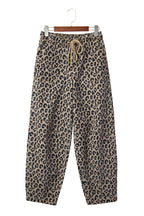 Khaki Leopard Print Drawstring Elastic Waist Loose Denim Pants with Pockets