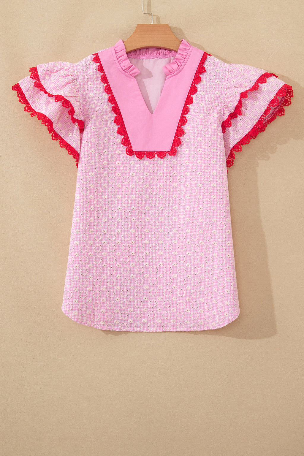 Eyelet Embroidered Flower Texture Contrast Lace Trim Flutter Sleeve Blouse