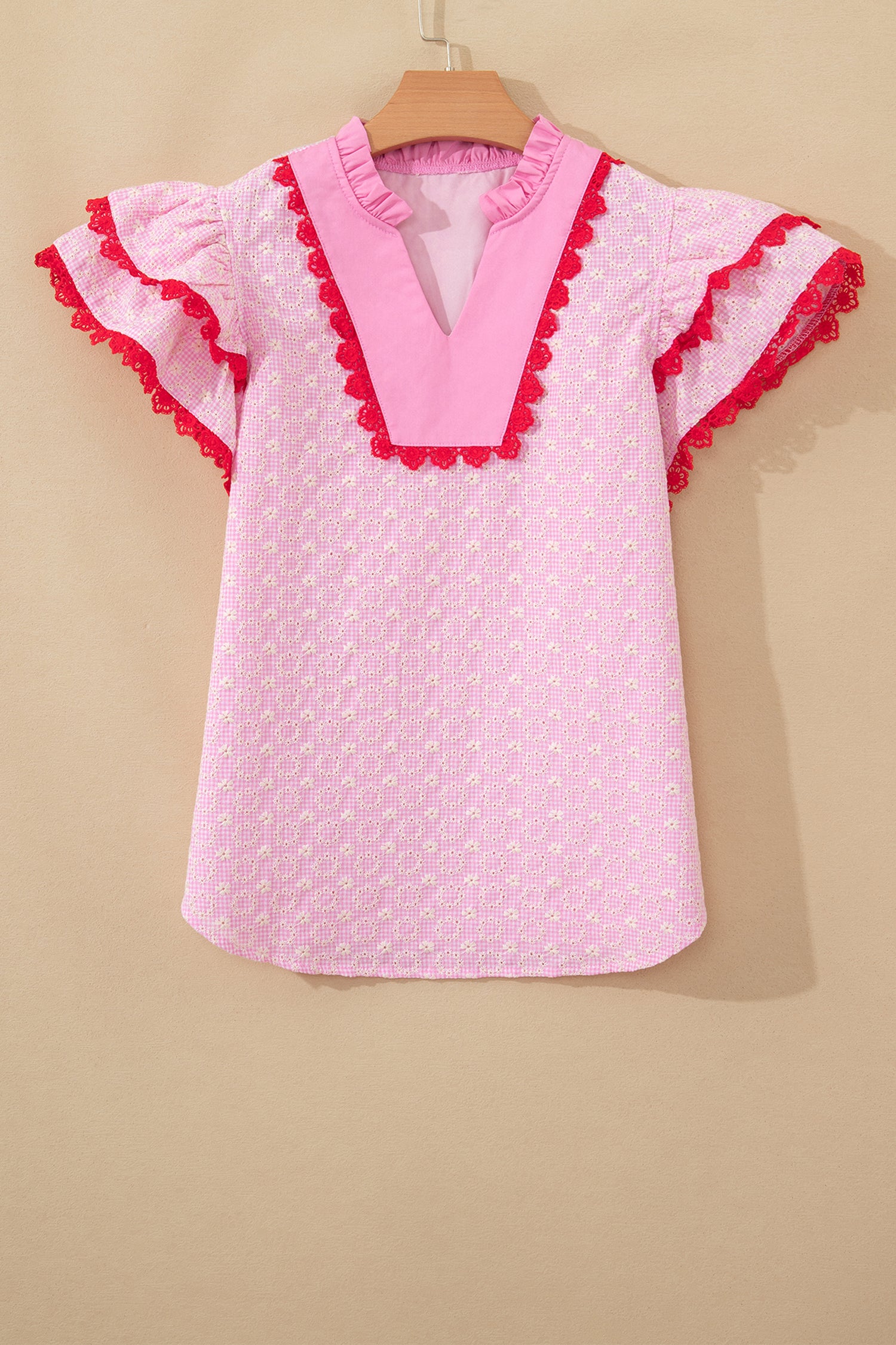 Eyelet Embroidered Flower Texture Contrast Lace Trim Flutter Sleeve Blouse