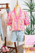 Pink Poppy Flower Striped Print Color Block Trim V Neck Short Sleeve Blouse