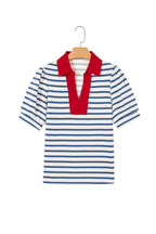 Striped Short Puff Sleeve Colour Block Polo Collar Blouse