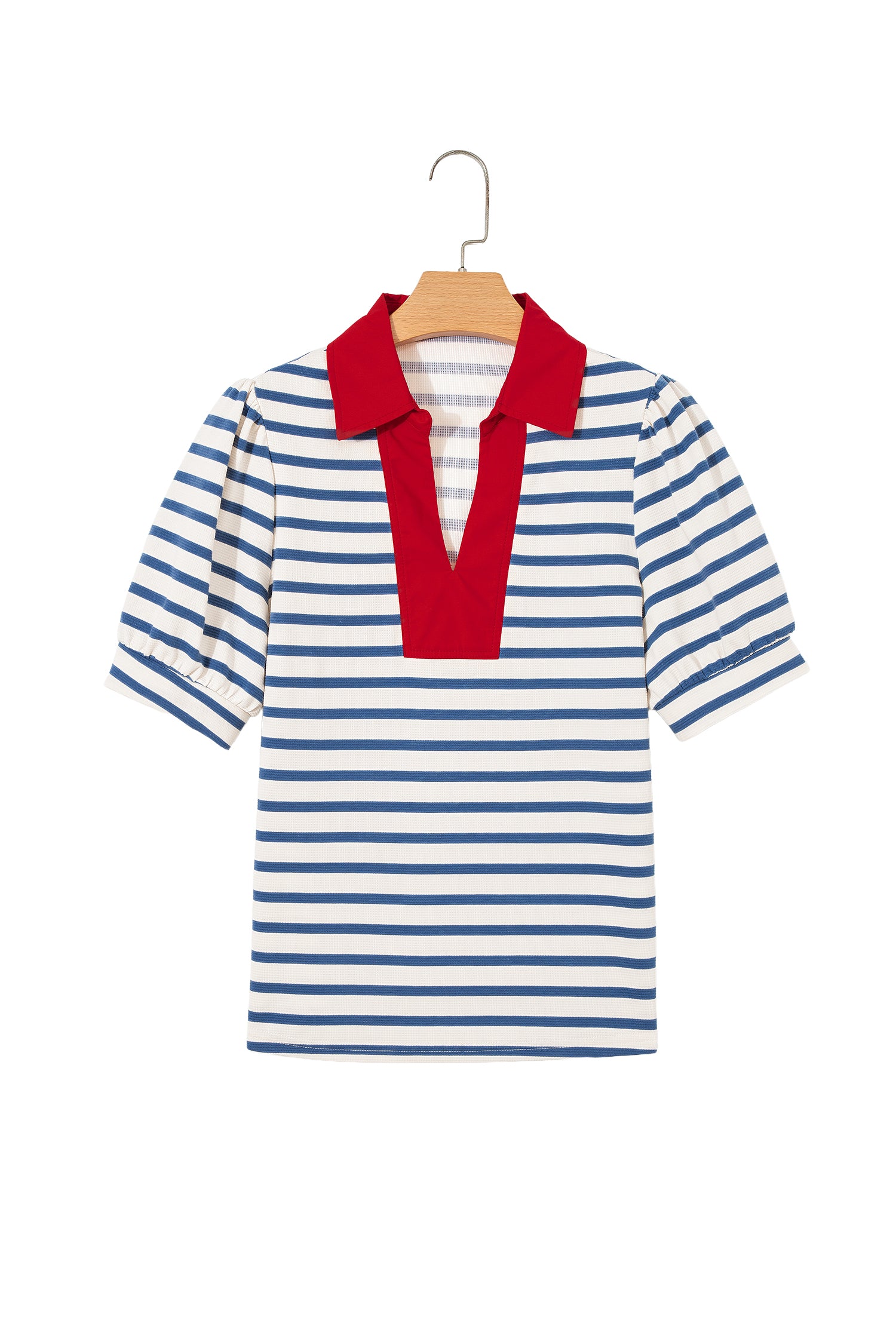 Striped Short Puff Sleeve Colour Block Polo Collar Blouse