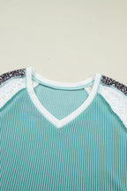 Green Bay Color Block Lace Leopard Patchwork Twisted Ribbed Tee