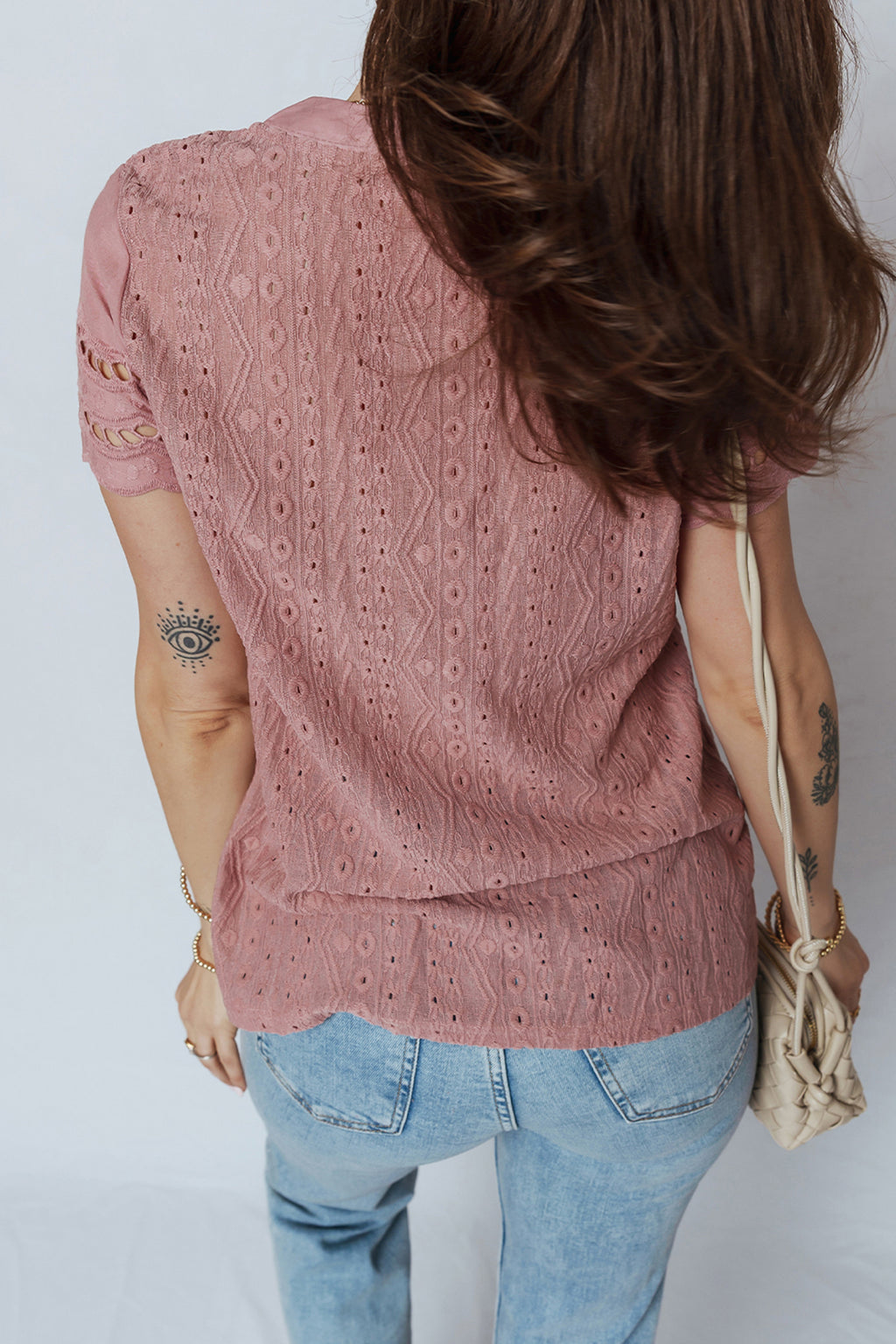 Fuchsia Textured Embroidered Half Buttons Short Sleeve Blouse