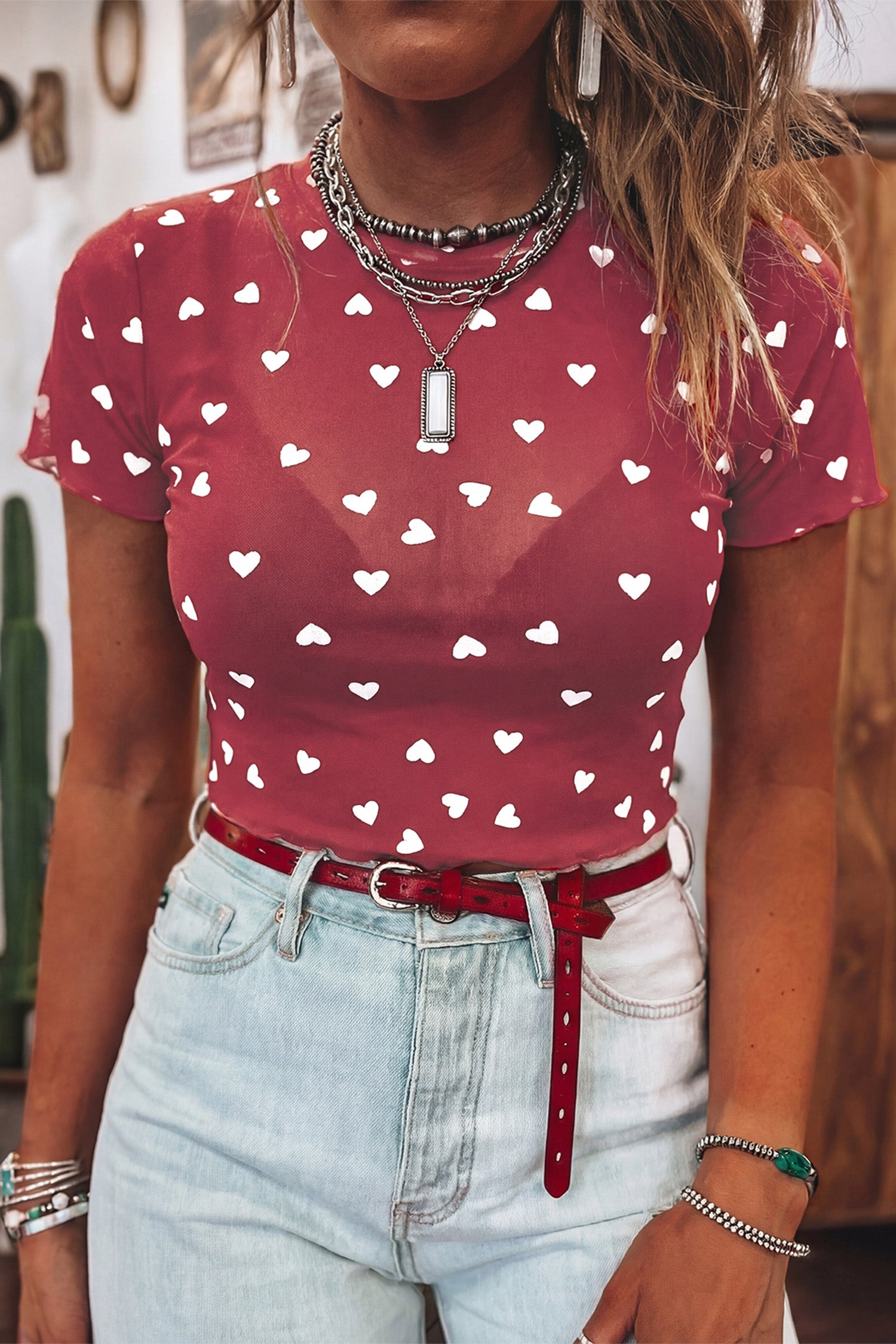 Allover Heart Print Mesh Short Sleeve Top