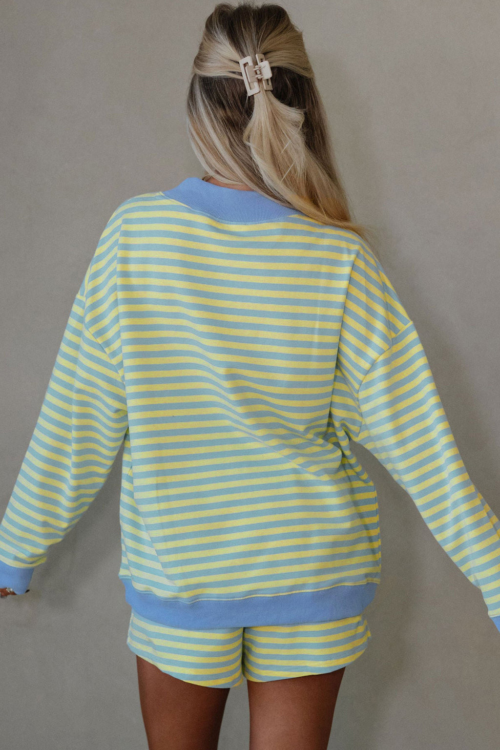 Striped Color Block Detail Long Sleeve Pullover Elastic Waist Pull On Shorts 2pcs Set