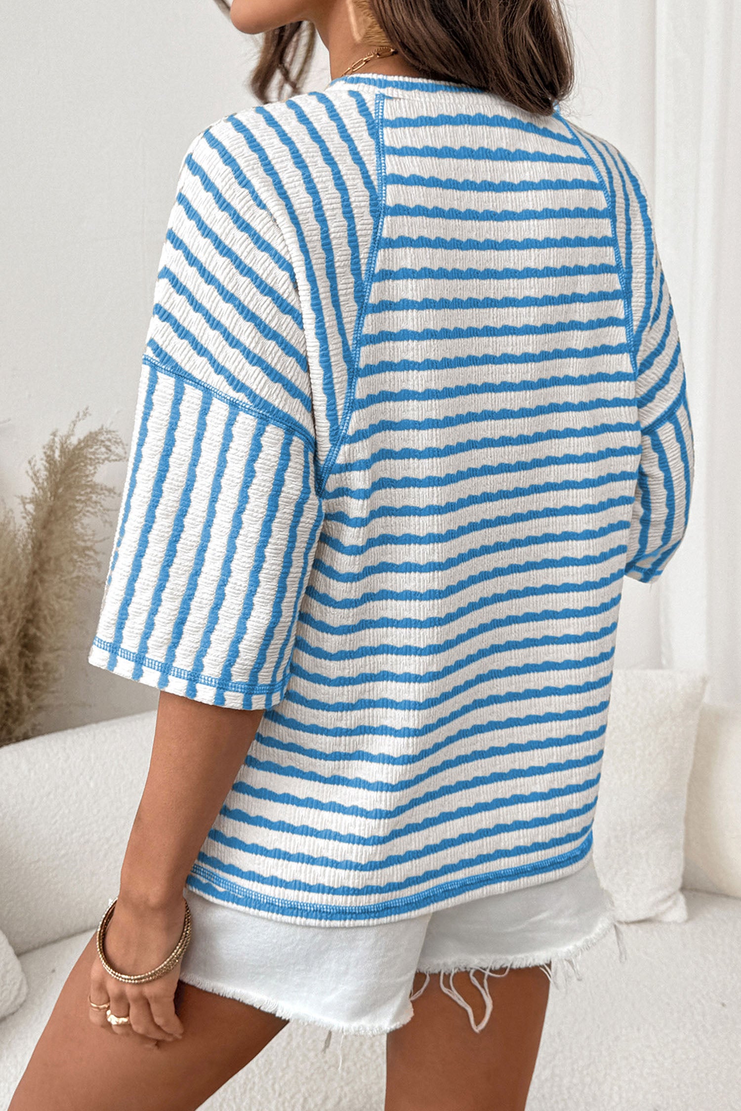 Striped Textured Knit Split Hem Half Sleeve Loose Top