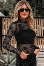 Sheer Floral Lace Mesh Mock Neck Long Sleeve Top
