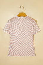 Khaki Checkered Print Mock Neck Mesh T Shirt