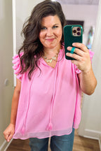 Bonbon Plus Size Textured Tassel Tie V Neck Ruffle Short Sleeve Blouse
