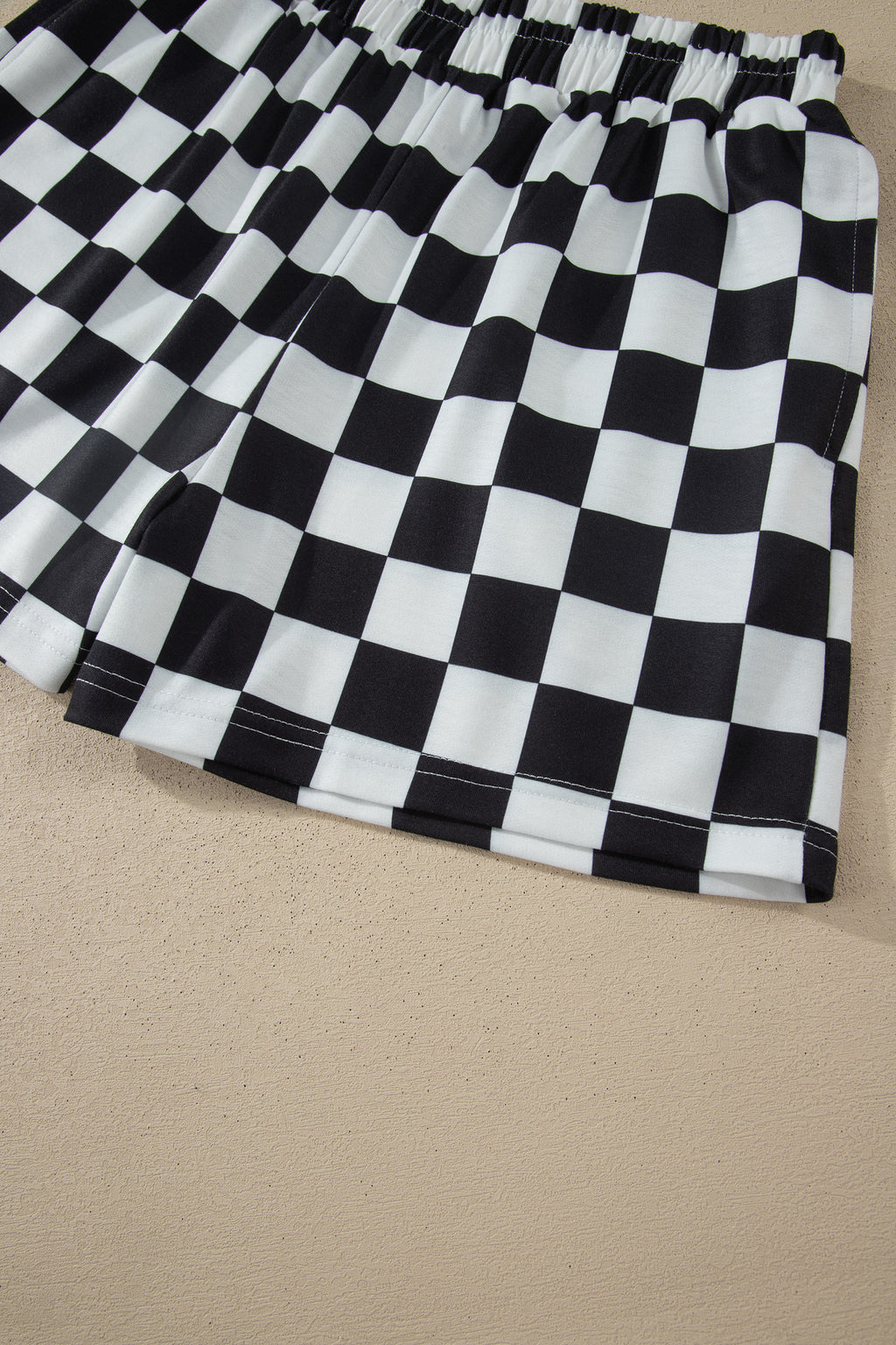 Checkered Print Colour Block Trim Mock Neck Short Set