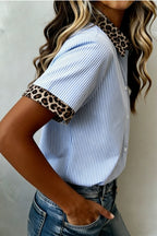 Striped Leopard Contrast Collar Short Sleeve Shirt