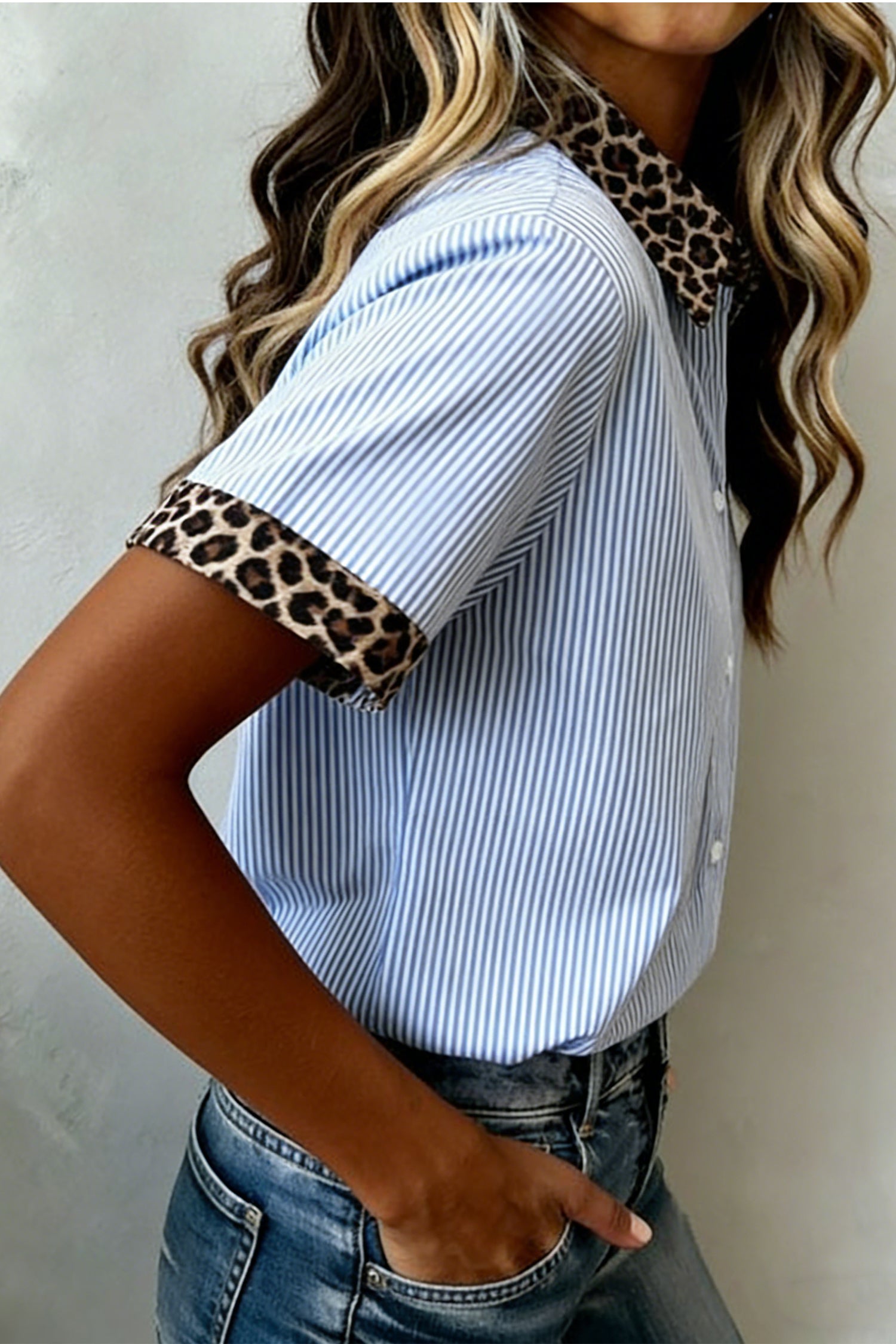 Striped Leopard Contrast Collar Short Sleeve Shirt