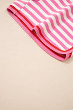 Pink Stripe Contrast Trim Short Sleeve Top Loose Shorts 2pcs Casual Outfit
