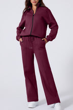 Drop Shoulder Zip Up Jacket Drawstring Pants Active 2pcs Set