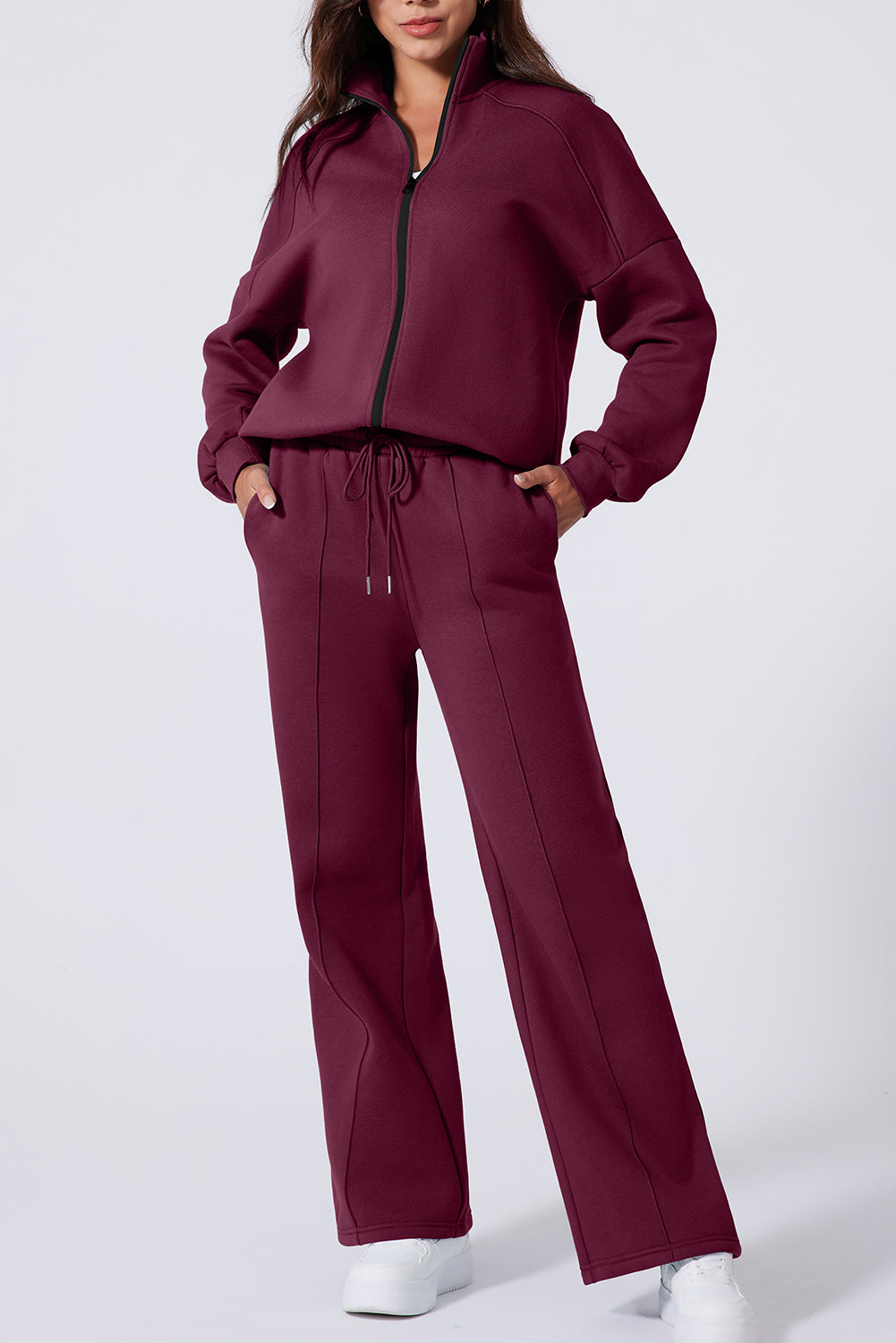 Drop Shoulder Zip Up Jacket Drawstring Pants Active 2pcs Set
