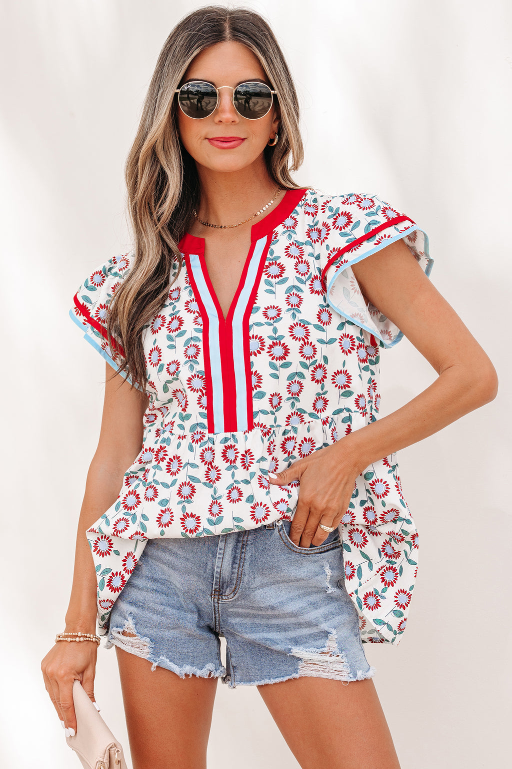 Sunflower Printed Contrast Trim V Neck Flutter Sleeve Blouse