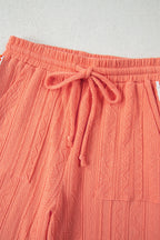 Grapefruit Orange Crochet Floral Accent V Neck Textured Pants Set