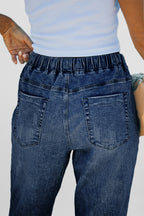 Dark Blue Gather Round Distressed Pocketed Denim Jogger