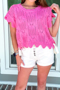 Pointelle Knit Patterned Scalloped Trim Short Sleeve Sweater