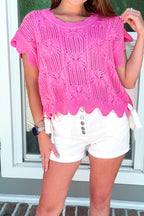 Pointelle Knit Patterned Scalloped Trim Short Sleeve Sweater