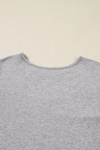 Gray Hollowed Lace Ribbed Knit Long Sleeve Patchwork Top