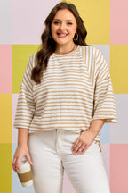 Striped Plus Size Textured Patchwork Detail Half Sleeve Top