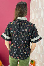 Black Contrast Frilled Trim Short Sleeve Floral Shirt