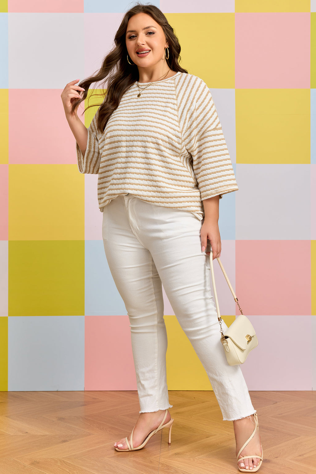 Striped Plus Size Textured Patchwork Detail Half Sleeve Top