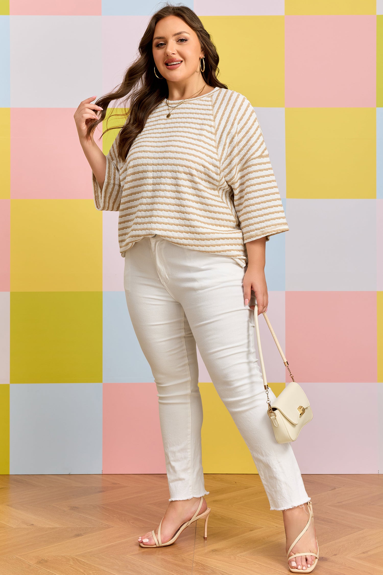 Striped Plus Size Textured Patchwork Detail Half Sleeve Top
