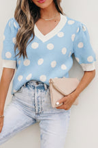 Polka Dot Puff Short Sleeve Sweater Top