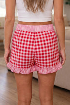 Gingham Print Ruffle Striped Detail Lace Tie Shorts