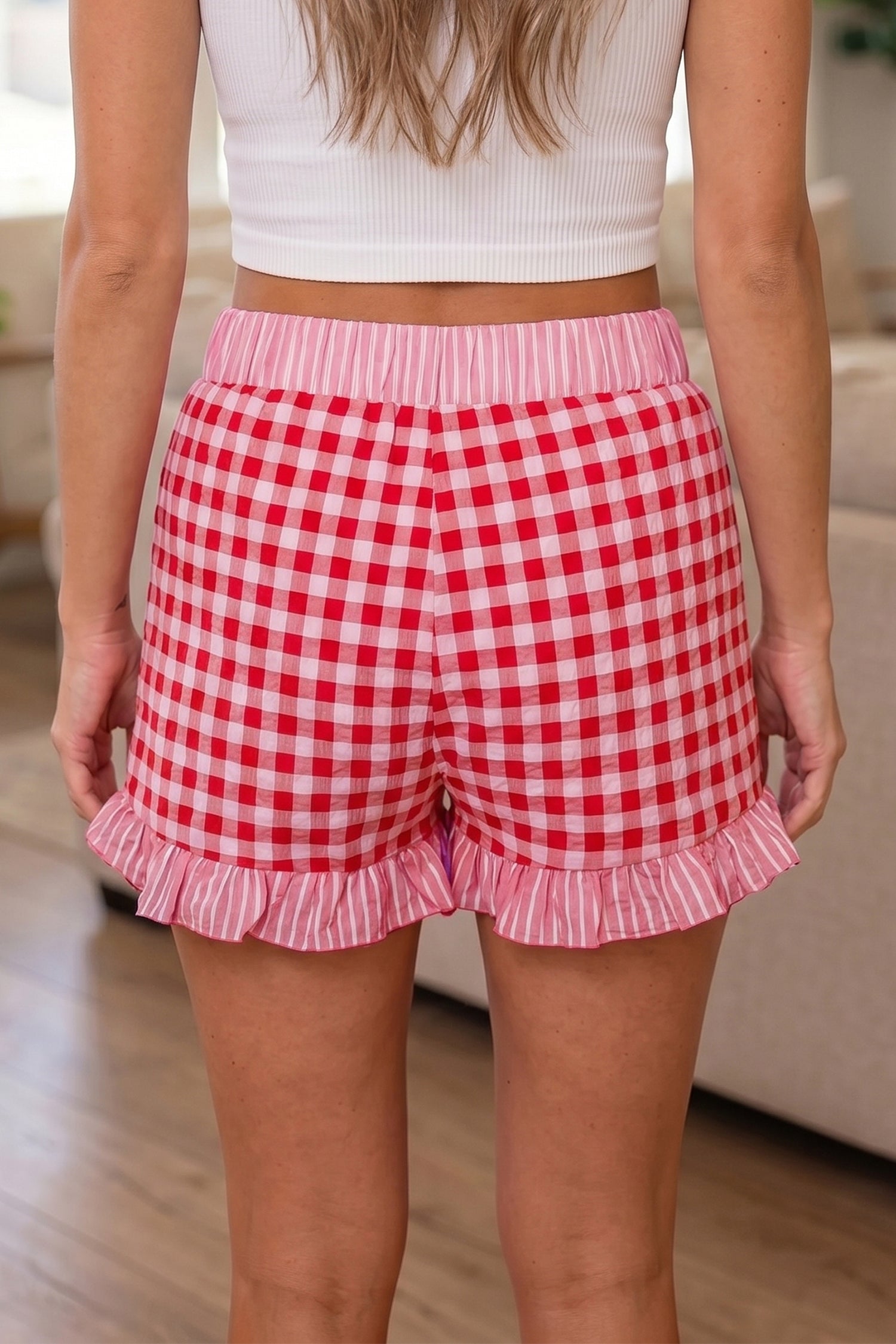 Gingham Print Ruffle Striped Detail Lace Tie Shorts