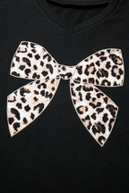 Contrast Leopard Bow Patched V Neck Loose Tee Drawstring Shorts 2pcs Outfit
