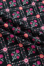 Black Contrast V Neckline Bracelet Sleeve Vintage Floral Blouse
