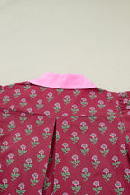 Red Contrast Collared V Neck Ricrac Trim Short Puff Sleeve Flower Blouse